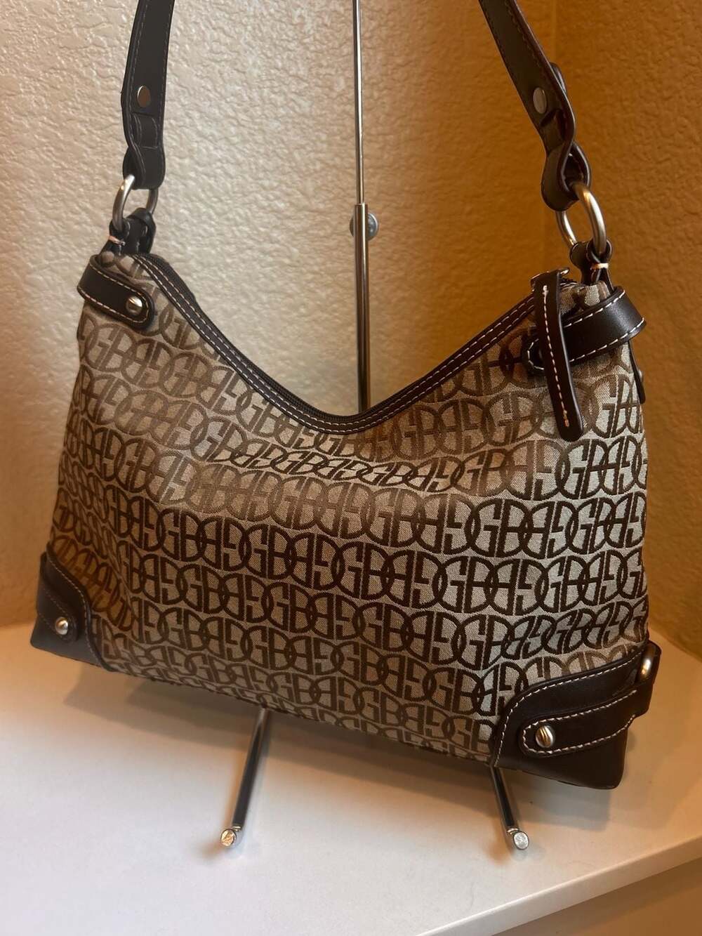 Giani Bernini Signature Monogram Hobo Shoulder Bag with Brown Leather Trim